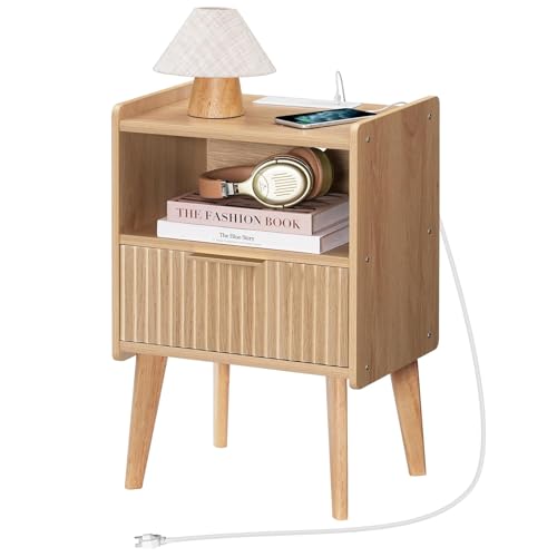 MAHANCRIS Natural Nightstand with Charging Station, Modern Bedside Table with Drawer and Storage Shelf, End Side Table with Solid Wood Legs, Night Stand, Living Room, Bedroom, Small Space, ETNA61E01 - color: Natural