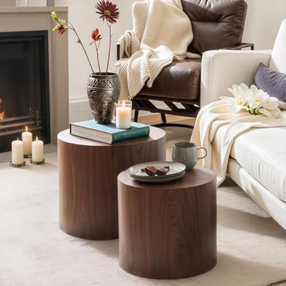 Nesting Coffee Table Set of 2, Modern Round Coffee Table with Non-Slip Feet, Walnut Wooden Circle Accent Tables for Small Spaces Living Room Bedroom Balcony Office Drum Side Table (Walnut) - color: Walnut