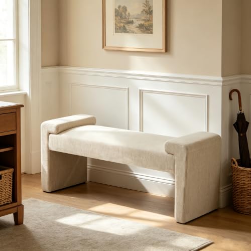 Upholstered Entryway Bench, 43" Modern Bedroom Bench, Camel | Curved Armrests, Solid Wood Frame, End of Bed, Bedroom, Living Room, Hallway - color: Tan-linen, size: 43"