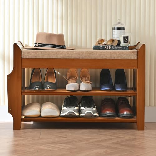 PETKABOO Shoe Bench with Hidden Drawer and Side Holder, 2 Tier Entryway Bench with Storage 31.5 in, Bamboo Shoe Rack with Cushion for Entryway Hallway Living Room Bedroom - size: 31.5"