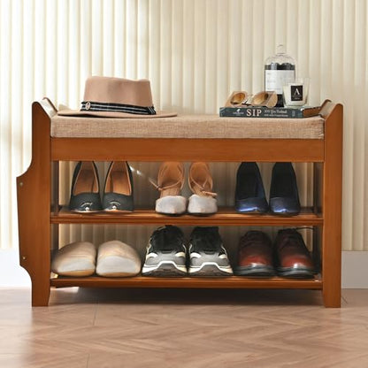 PETKABOO Shoe Bench with Hidden Drawer and Side Holder, 2 Tier Entryway Bench with Storage 31.5 in, Bamboo Shoe Rack with Cushion for Entryway Hallway Living Room Bedroom - size: 31.5"