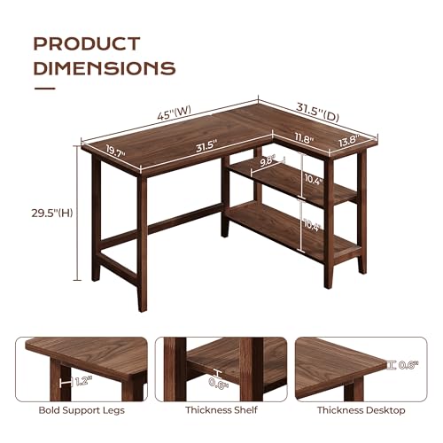 IOTXY 45" Reversible L-Shaped Office Desk with Storage Shelves, Walnut | Solid Rubberwood Legs, 0.6" MDF Desktop, Reversible 2-tier Shelves, Compact Corner Computer Table for Small Spaces - color: Walnut, size: 45-inch