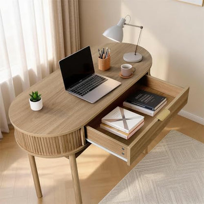 Fluted Small Computer Desk with Drawer, 40 Inch Mid-Century Modern Writing Desk with Solid Wood Legs,Compact Study Table for Small Spaces, Home Office, Bedroom,Walnut - color: Walnut