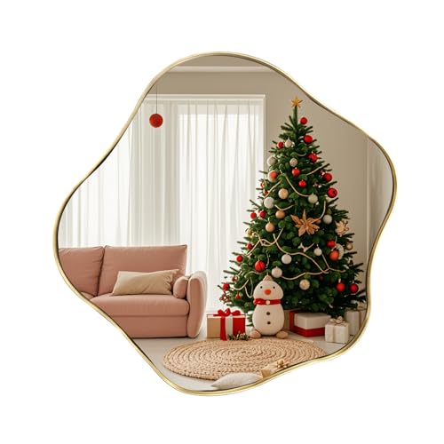 Scalloped Irregular Mirror, 16" Asymmetrical Art Deco Wall Mirror with Gold Metal Frame, Wavy Decorative Accent Mirrors for Entryway Bedroom Living Room, Horizontal or Vertical Hanging - color: Gold, size: 16"L x 16"W