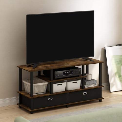 Furinno Jaya TV Stand, 4-Tier Toolless Assembly Entertainment Center with Open Shelf, TV Console for TV up to 55 Inch with 2 Storage Bins, for Living Room, Bedroom, Amber Pine - color: Amber Pine, size: For 55" TV, Plastic Frame