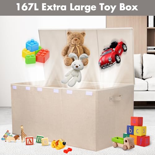 167L Large Toy Box Chest Storage with Lid, Collapsible Kids Toy Storage | Toy Chest with with Removable Divider for Kids, Boys, Girls, Nursery, Living Room, Bedroom, 35.5"x17" x17" (Linen Beige) - color: Extra Extra Large Beige