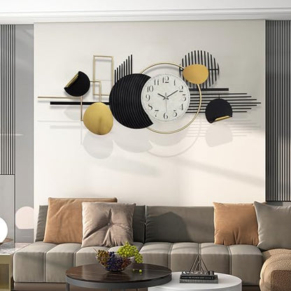 ERMOFAV Metal Wall Art, Black and White Decor for Living Room, Abstract Modern Creative Geometric Round Art Decor 57" × 23" Large 3D Wall Clock for Bedroom, Dining Room, Home Hanging Wall Sculpture