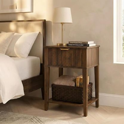 FuniXpress Small Nightstand, 15" Wide, Drawer and Shelf, Dark Walnut Fluted | Deep walnut tone, clean fluted front, 11.8-inch slim depth, smart storage, fits bedside, sofa side, or small spaces - color: Dark Walnut