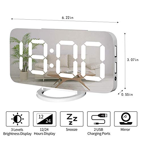 Miowachi White Digital Alarm Clock for Bedrooms, Small Desk Table Bedside Nightstand Cute Decorative LED Mirror Clock for Home Room Office Vanity, USB Charger