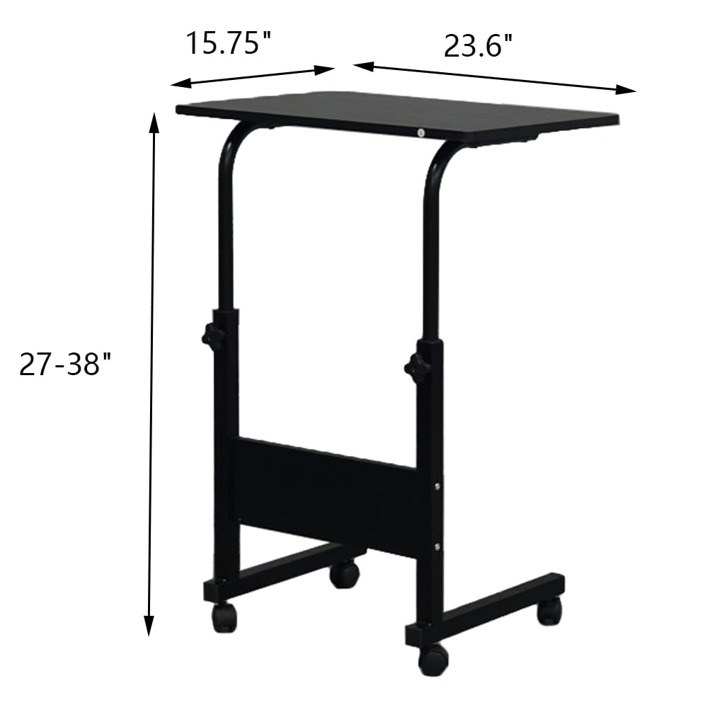 Sofa Side Table C Shaped End Table with Wheels, Rolling Bedside Laptop Table Snack Table TV Tray, Height Adjustable, Wooden Top & Metal Frame - color: Black, 23.6"