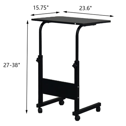 Sofa Side Table C Shaped End Table with Wheels, Rolling Bedside Laptop Table Snack Table TV Tray, Height Adjustable, Wooden Top & Metal Frame - color: Black, 23.6"