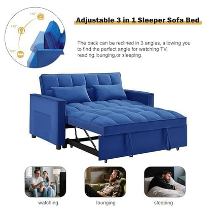 Sleeper Sofa Bed with Adjustable Backrest & Side Pockets, Blue | Adjustable Backrest & Side Pockets,Pull Out Sofa,Comfortable Fabric - color: S-blue-4pa