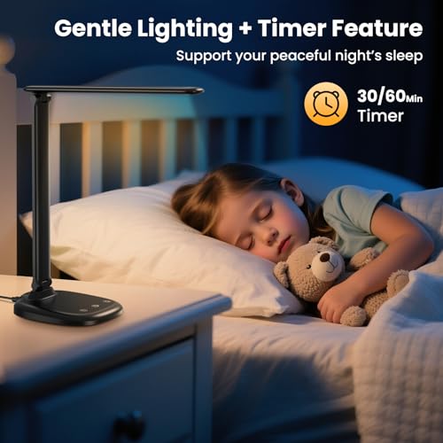 Desk Lamp with Charger, 10%-100% Stepless Dimmable & 5 Color Modes Study Lamp, Touch Control, 30-/60-minute Timer, USB Charging Output Port, CRI≥90, Eye-Caring Foldable LED Desk Lamps for Home Office - color: Black-US