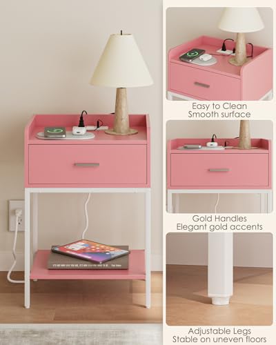 Masupu Nightstand with Charging Station,3-Tier Modern Bedside Night Stand with Storage Drawer and Shelf,Small End Side Table for Bedroom,Living Room,Pink and White - color: Outlet-pink