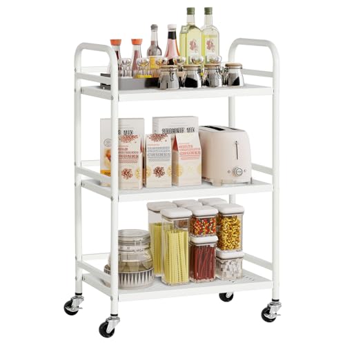 HDANI 3 Tier Rolling Cart,Heavy Duty Multifunctional Metal Frame-Supports 22 Lbs Per Tier,Rolling Cart with 2 Lockable Wheels for Office,Home,Bedroom,Kitchen,Bathroom (White)… - color: White, size: Small Mesh