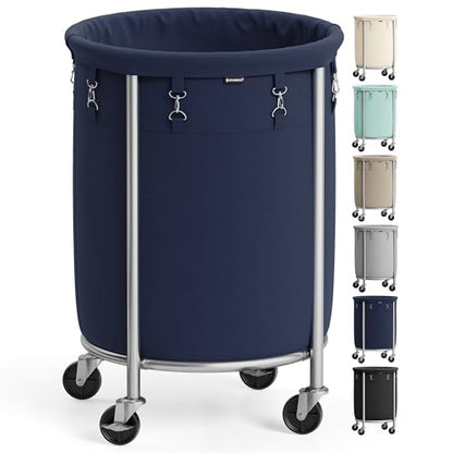 SONGMICS 29-Gallon (110 L) Laundry Basket with Wheels, Rolling Round Heavy-Duty Laundry Hamper Cart with Steel Frame and Removable Bag, 2 Locking Wheels, Charcoal Blue and Metallic Silver URLS002Q01 - color: Charcoal Blue + Metallic Silver, size: 110 L (1