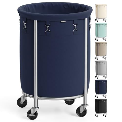 SONGMICS 29-Gallon (110 L) Laundry Basket with Wheels, Rolling Round Heavy-Duty Laundry Hamper Cart with Steel Frame and Removable Bag, 2 Locking Wheels, Charcoal Blue and Metallic Silver URLS002Q01 - color: Charcoal Blue + Metallic Silver, size: 110 L (1