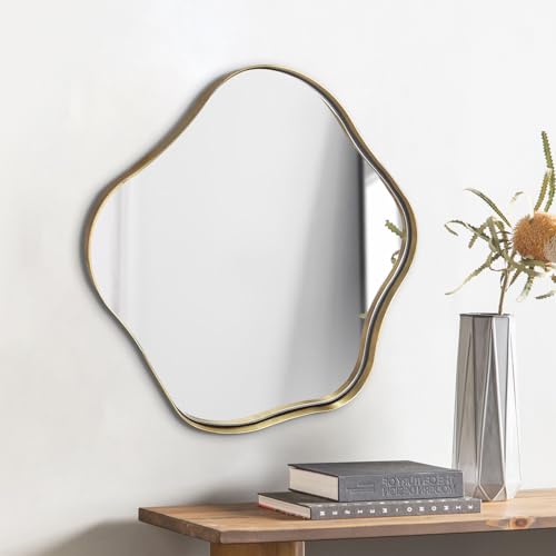 Scalloped Irregular Mirror, 20" Asymmetrical Art Deco Wall Mirror with Gold Metal Frame, Wavy Decorative Accent Mirrors for Entryway Bedroom Living Room, Horizontal or Vertical Hanging - color: Gold, size: 20"L x 20"W
