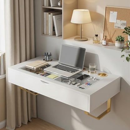 Floating Makeup Vanity Table, 31 inch Wall Mounted Desk for Bedroom, White | Floating Nightstand, Dressing Table with Drawer, Writing Desk, Saves Floor Space and Keeps Items Organized