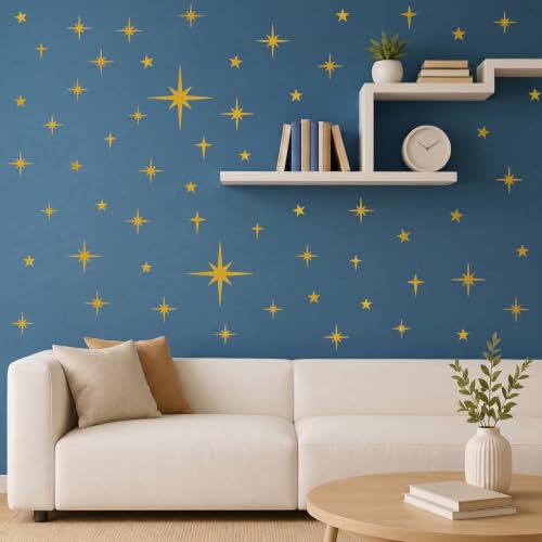120 Pcs Glitter Gold Star Wall Decals | Retro Starburst Decor, Assorted Shapes & Sizes, Peel and Stick - style: Glitter Gold Star