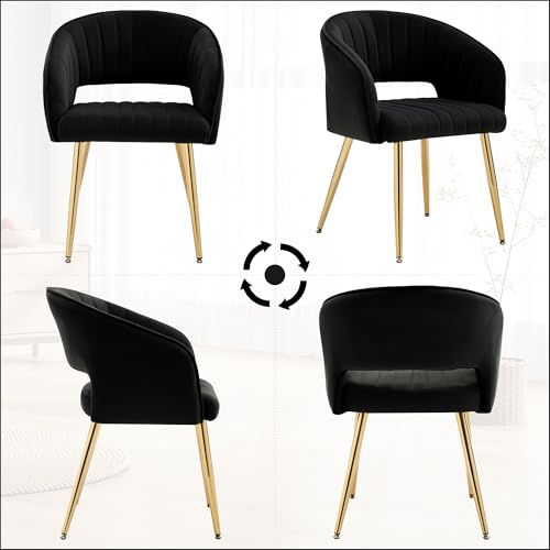 Velvet Home Office Desk Vanity Chair, No Wheels, Gold Legs, Black | Modern Accent Chair with Stylish Stripe Design, Spacious‌ Soft Seat for Girls & Women Bedroom Makeup or Nail Table - color: Black Velvet, No Wheels
