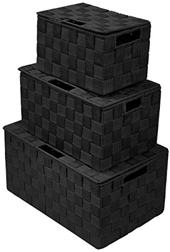 Sorbus Set of 3 Black Woven Storage Baskets with Lids – Mesh Hand-Woven Bins for Closet, Shelf, and Linen Organization – Variety Pack - color: Black