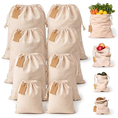 Muslin Cloth Bags with Drawstrings - Set of 8 (S, M, L, XL) - Reusable Natural Cotton Bags for Bulk Food Storage - Canvas Fabric Sachets - size: Set of 8 Mixed (S,M,L,XL)