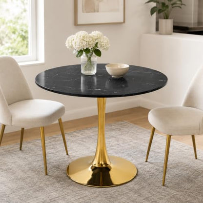 31.5" Small Round Dining Table, Black Marble-Look Top, Gold Tulip Base | 31.5-inch MDF table for 2-4 compact chairs, suited to kitchens, apartments, breakfast nooks, and small dining rooms - color: Black and Golden