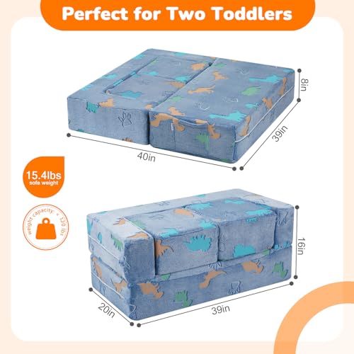 MeMoreCool Glow Modular Kids Couch, Dinosaur | modular foam seating, removable washable cover, dinosaur glow design, lightweight pieces, playroom furniture - color: Denim Dinosaur