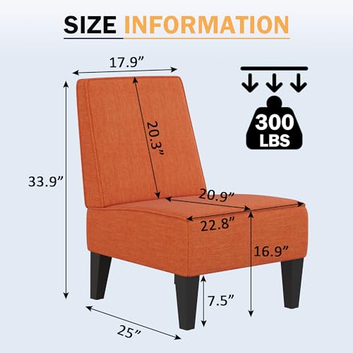 Armless Accent Chairs Set of 2, Orange Linen Slipper Chairs | Upholstered Armless Chair with Solid Wood Legs, Mid Century Modern Side Chairs for Small Living Room Bedroom Apartment - color: Orange