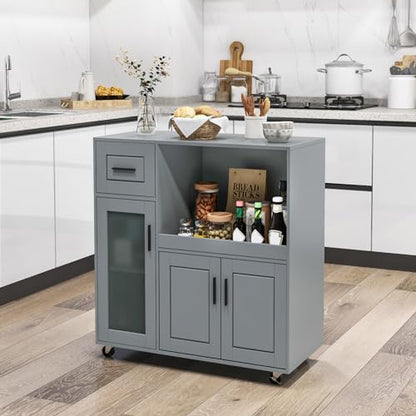 Giantex Kitchen Island Cart with Storage, Rolling Island Table with Drawer, Glass Door, Adjustable Shelf, Bar Coffee Microwave Cart On Wheels for Dining Room, Grey