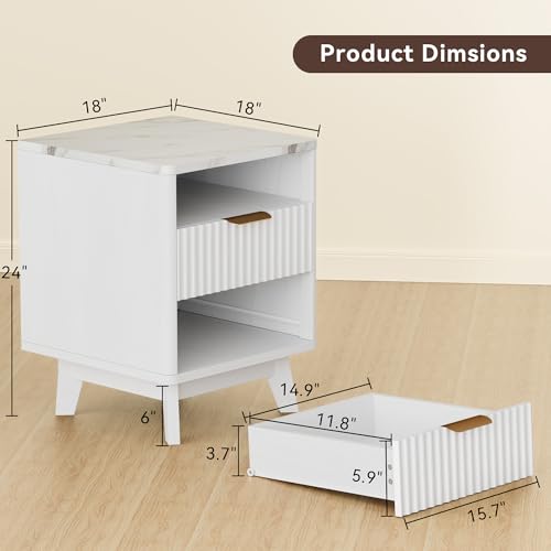 White Nightstand with 2 Drawers, 18" Modern Night Stand with Faux Marble Top, Open Storage Shelf, Fluted Bedside Table for Bedroom, End Table Side Table - color: White Marble