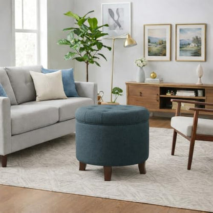 HomePop by Kinfine Fabric Upholstered Round Storage Ottoman - Velvet Button Tufted Ottoman with Removable Lid, Indigo Blue Woven - color: Indigo Blue Woven
