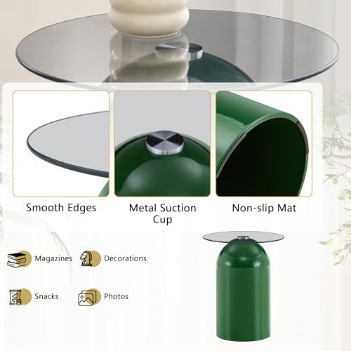 15.7" Round Side Table with Tempered Glass Top, Modern Small Glass Coffee Table with Carbon Steel Base for Living Room, End Table for Office, Easy Assembly, Green - color: 15.7" Side Table, Green