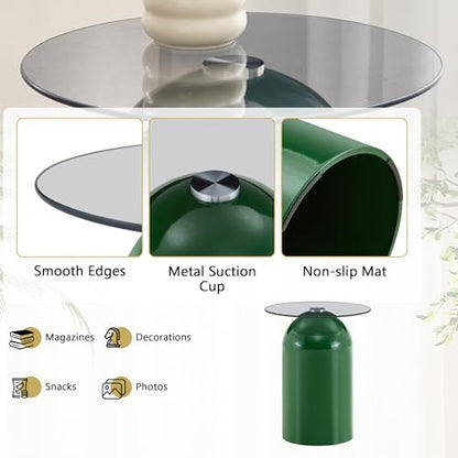 15.7" Round Side Table with Tempered Glass Top, Modern Small Glass Coffee Table with Carbon Steel Base for Living Room, End Table for Office, Easy Assembly, Green - color: 15.7" Side Table, Green