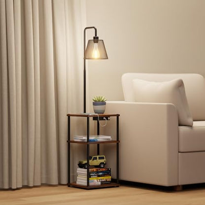 Floor Lamp with Table and Shelves, Side Table with USB Charging Port and Outlet, Modern Bedside Nightstand End Table with Lamp for Living Room, Bedroom, Guest Room, Bulb Included - color: Brown-1 Pair