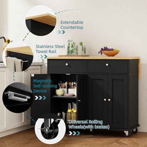 Shintenchi Kitchen Island with Drop Leaf, Rolling Kitchen Cart with Storage on Wheels, Table Bar Cart for Kitchen with Towel Rack & Seating Area for Dining Room, Black - color: Black and Natural