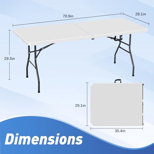 6FT Folding Table, Heavy Duty Plastic Table Portable Fold-in-Half Utility Table Indoor Outdoor Picnic Table w/Handle & Lock for Camping BBQ Party Wedding Market Events, 500LBS - size: 6 FT