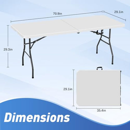 6FT Folding Table, Heavy Duty Plastic Table Portable Fold-in-Half Utility Table Indoor Outdoor Picnic Table w/Handle & Lock for Camping BBQ Party Wedding Market Events, 500LBS - size: 6 FT