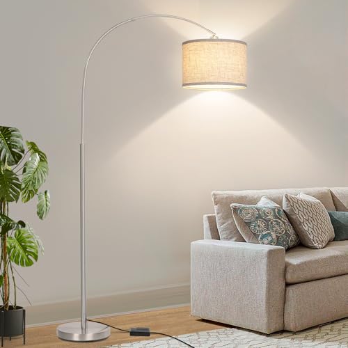 Arc Floor Lamp, Dimmable Floor Lamp with Adjustable Hanging Shade, Silver | Modern Arched Standing Lamp, Tall Pole Reading Light for Living Room, Bedroom, Over Couch, Office, 9W LED Bulb Included - color: Silver