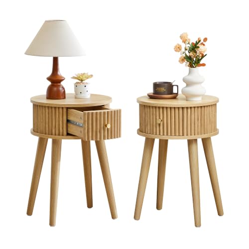 Round Fluted Side Table Set of 2, Small End Table with Fluted Drawer, Mid-Century Modern Wooden Bedside Table Round Nightstand Small Sofa Side Table for Living Room(Natural) - color: Natural, size: 15.7"D x 15.7"W x 23.6"H