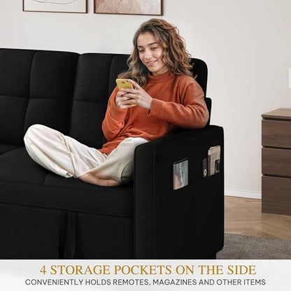 YITAHOME 55" Convertible Sofa Bed | 3-in-1 Sleeper Sofa with Iron Frame Pull-Out Bed, Linen Futon Couch with Reclining Backrest and Side Pocket, Modern Loveseat - color: Black, size: 71.2 x 46.4in
