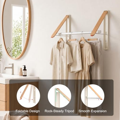 LEQ Clothes Drying Rack Wall Mounted, Foldable Laundry Drying Rack with Wood-Tone Aluminum Frame, Rustproof Retractable Clothes Hanger for Small Laundry Room, Bathroom, Balcony,(White, 2 Racks + Rod) - size: 2 Racks+Rod