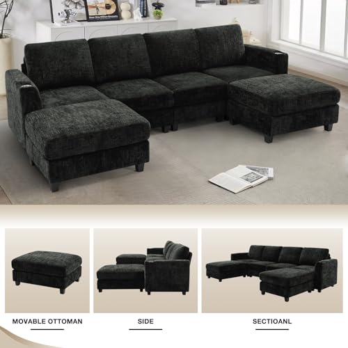 110" Convertible U-Shape Couch with 2 Flexible Ottomans, Black | Soft Sectional Sofa with Durable Cup Holders, Chenille 4 Seater Sofa with Well-Filled Backrest for Living Room, House - color: Black, size: 110" U-Shape