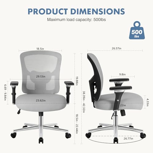 DUMOS Big and Tall Office Desk Chair, 500lbs Heavy Duty Mesh Chair | Ergonomic 4D Armrest, Comfortable Lumbar Support, Wide Seat, 360° Swivel Rolling Wheels, Adult, Grey - color: Light Grey
