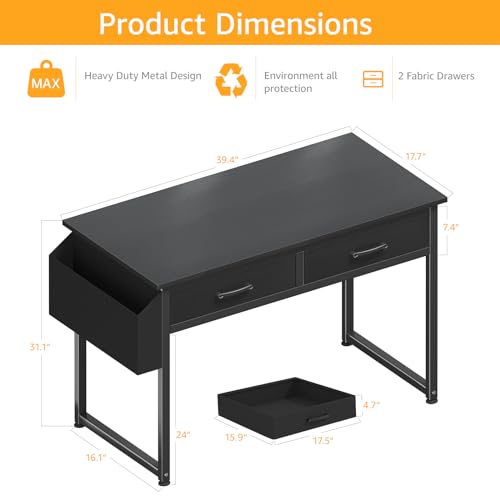 DLisiting Computer Desk with Fabric Drawers for Home Office Bedroom, 40 Inch Small Gaming Desk with 2 Drawers, Study Writing Table PC Desks, Black - color: Black, size: 39.4"