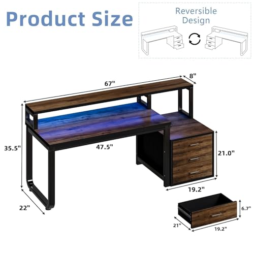 MaverickFurni 67'' Computer Desk with 3 Drawers and LED Lights, Black | Home Office Desk with Printer Shelf and Monitor Stand, Gaming Desk with LED Lights, Black - color: Black and Walnut
