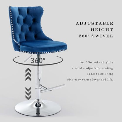 Velvet Bar Stool Set of 2, Adjustable Swivel Bar Stools with Silver Plated Metal Leg, Button Tufted, Footrest, Chrome Nailhead, Counter Height Chair for Kitchen, Bar, Dining Room (Blue) - color: Blue-silver Leg, size: Set of 2