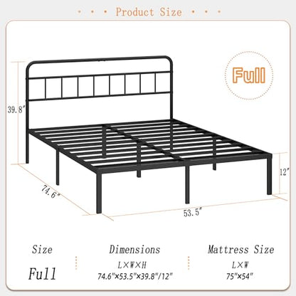 Kujielan 12 inches Full Size Bed Frame with Minimalist Headboard, Black | Metal Platform Base with Strong Metal Slats,Mattress Foundation for Under Bed Storage,Easy Assembly - size: Full