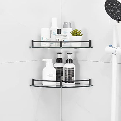 Glass Shower Corner Shelves 2 Pack - Floating Bathroom Shelves Tempered Glass Shelf with Rails SUS 304 Stainless Steel Wall Mounted Organizer, 24cmx24cm 6mm, Black